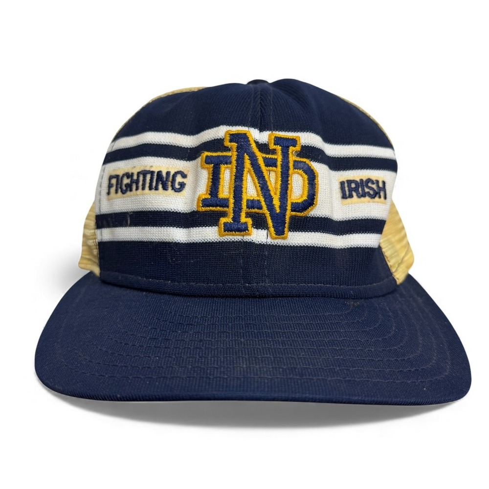 Vintage Notre Dame Fighting Irish Trucker Hat Large L Snapback Navy Gold AJD USA